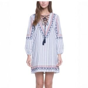 English Factory Embroidered Stripe Cotton Mini Dress  Size M Blue White